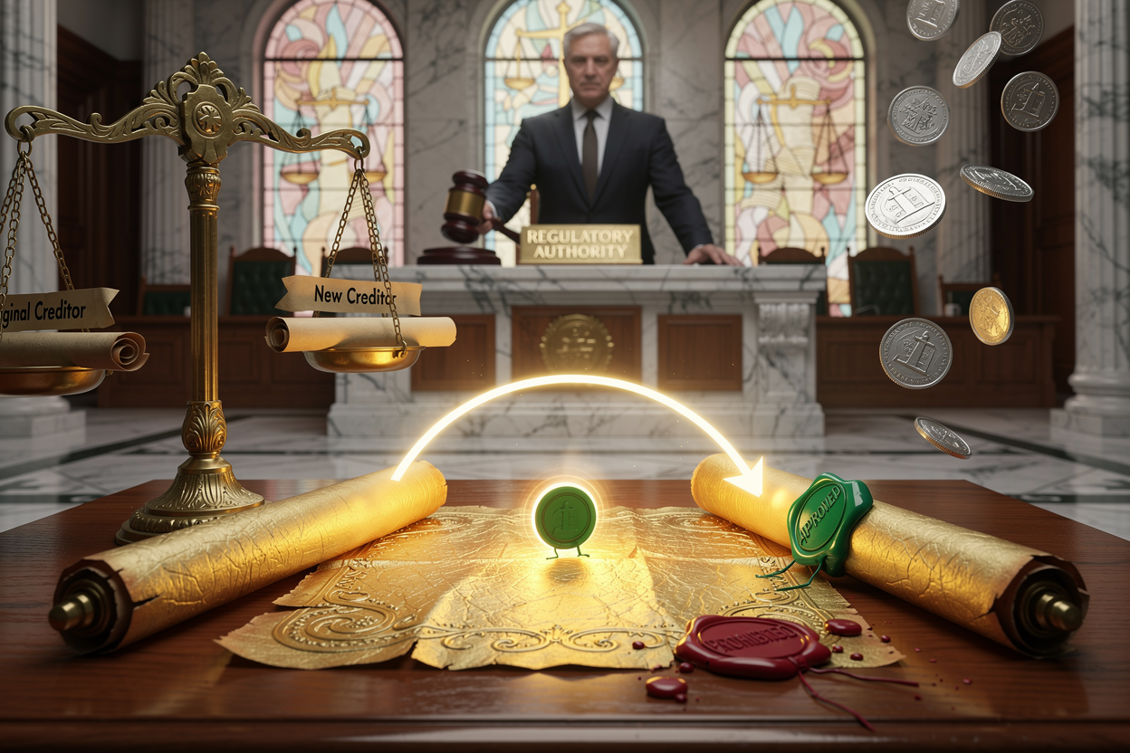 Символическая сцена передачи долга в зале суда с юридическими документами и весами правосудия.