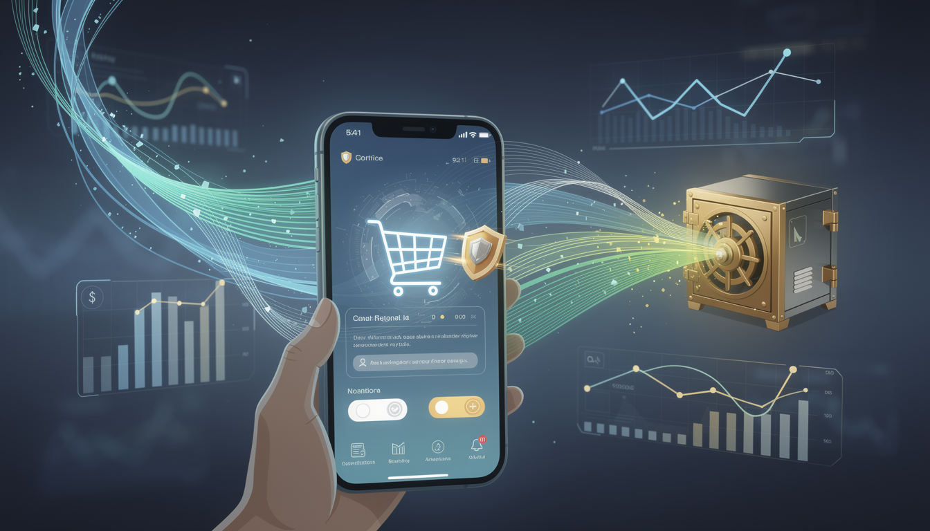 Смартфон с интерфейсом договора микрозайма, куда автоматически добавляется иконка страховки, на фоне абстрактных финансовых графиков и потоков данных.