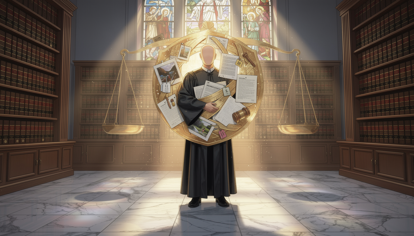 Символический щит из юридических документов, защищающий права в библиотеке зала суда.