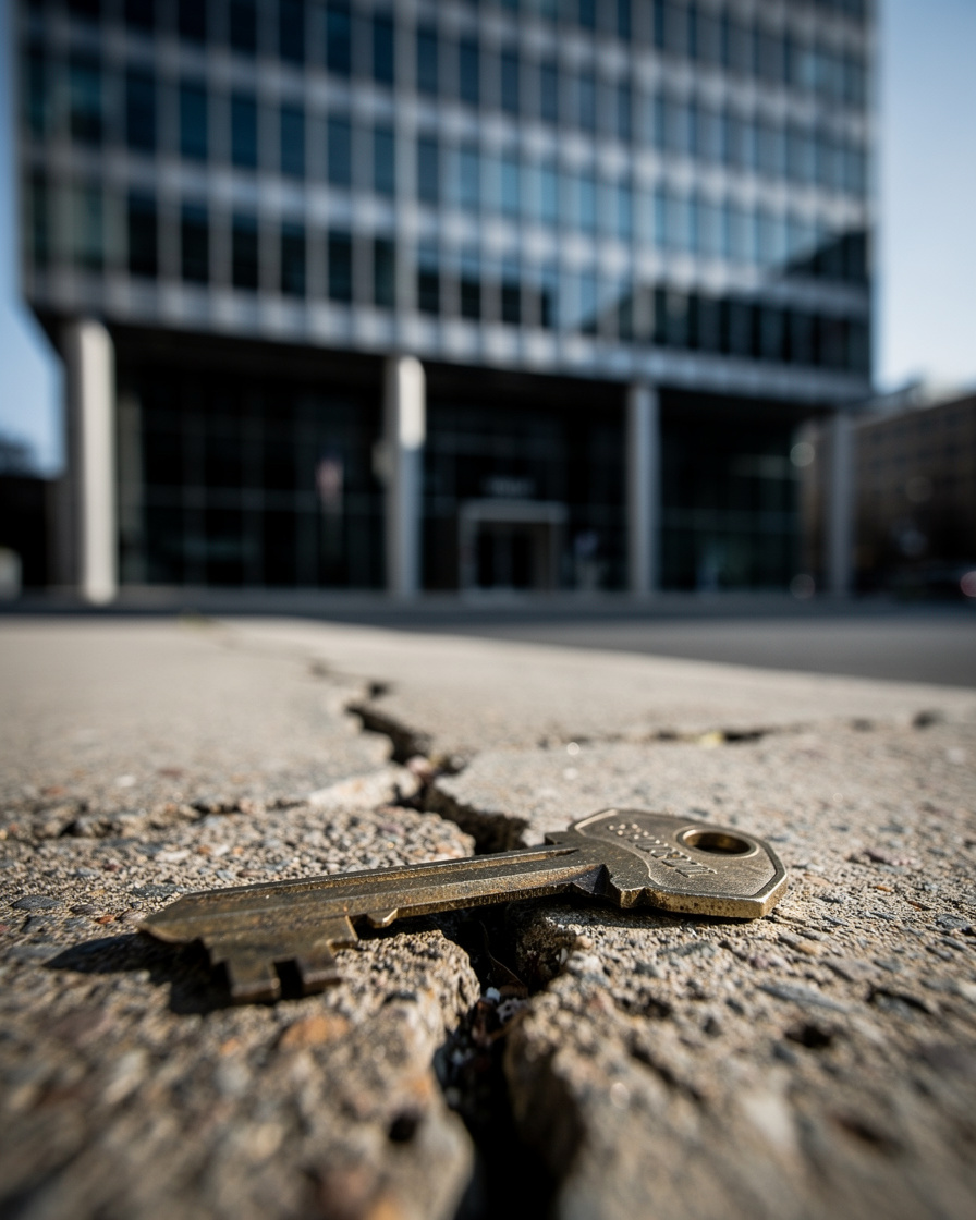 Заброшенный ключ от дома на тротуаре перед фасадом банка, символизирующий потерю жилья из-за взыскания долгов.
