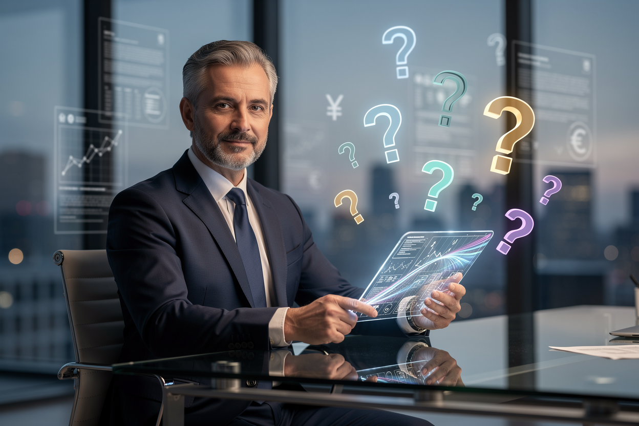 Финансовый консультант в офисе, окружённый светящимися вопросительными знаками, символизирующими частые вопросы о финансах.