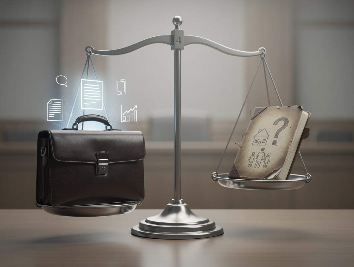 Символическое изображение весов прав: с одной стороны — профессиональный портфель коллекторов и МФО, с другой — личный дневник должника.