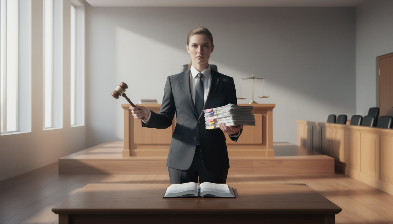 Человек в зале суда, готовый к самостоятельному оспариванию, с символами правосудия.