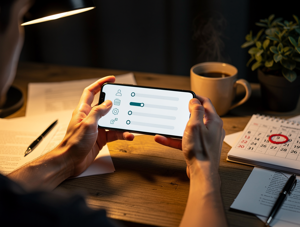 Руки человека заполняют заявку на займ в смартфоне ночью на рабочем столе с календарём