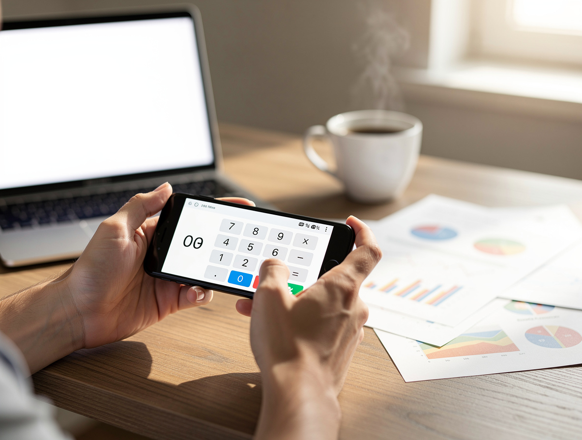 Человек рассчитывает полную стоимость кредита на смартфоне в домашнем офисе.