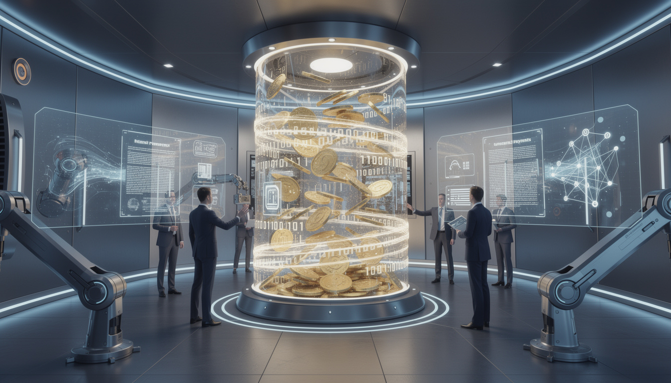 Символическое изображение безакцептного списания в банке: высокотехнологичный сейф с золотыми монетами и данными, окружённый сотрудниками и документами.