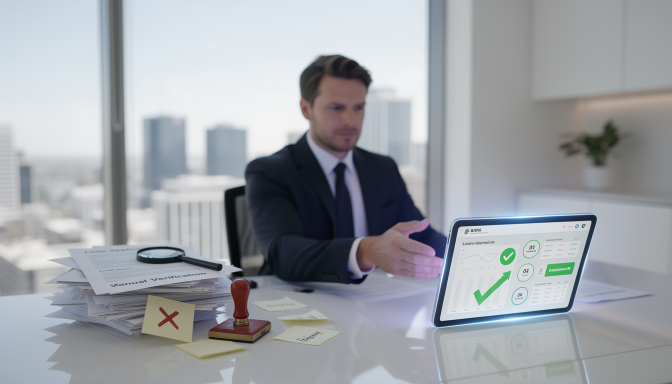 Банковский сотрудник переходит от бумажных документов к цифровому планшету, символизируя обновление стандартов проверки заемщиков.